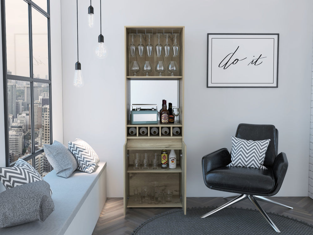 English Elm Light Light Oak 5-Bottle 2-Shelf Bar Cabinet with Stemware Rack, 5 Shelves, Tall Storage, Modern Design B062S00109