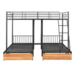 English Elm Full Over Twin Triple Bunk Bed Steel Frame with Storage Drawers and Guardrails Black LT000222AAB