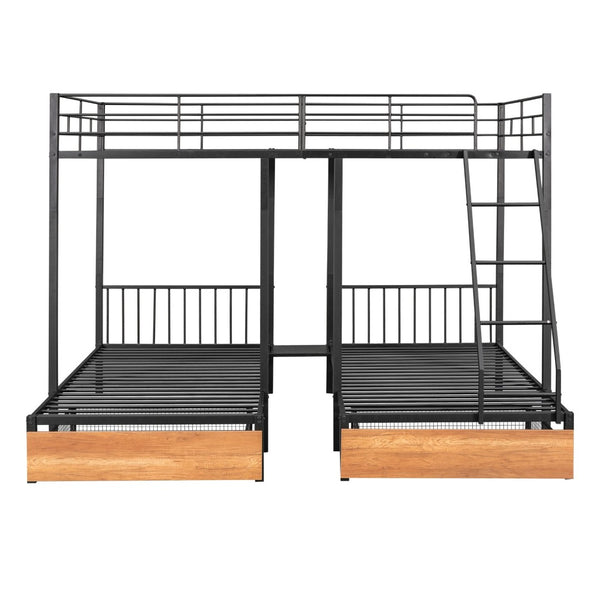 English Elm Full Over Twin Triple Bunk Bed Steel Frame with Storage Drawers and Guardrails Black LT000222AAB