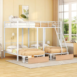 English Elm Full Over Twin Triple Bunk Bed Steel Frame with Storage Drawers and Guardrails White LT000222AAK