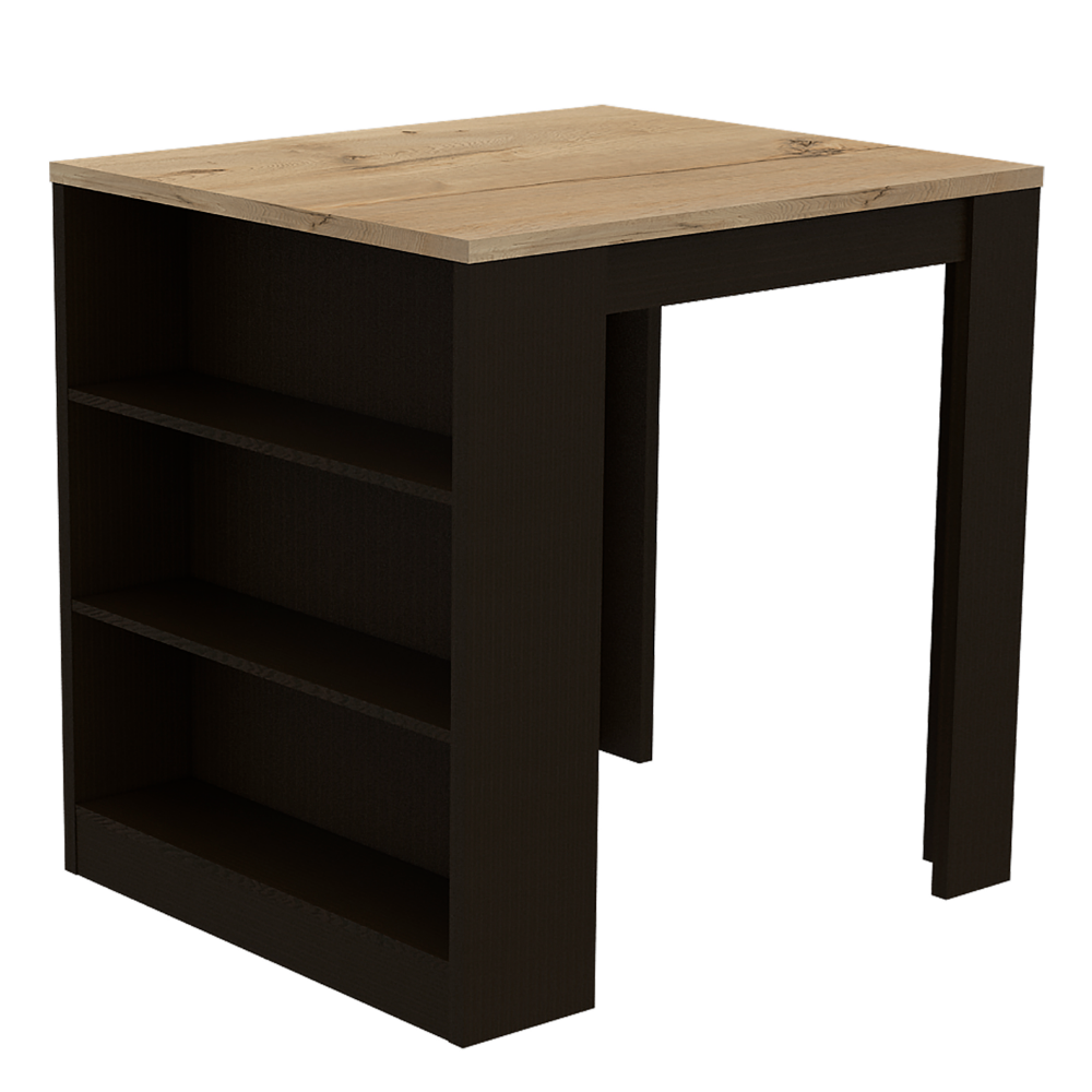 English Elm 3-Drawer Kitchen Island Wenge and Pine with 3 Open Shelves, Compact Modern Storage & Dining Surface B062S00006