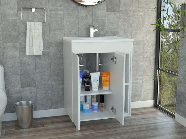 English Elm White Freestanding Vanity Cabinet 2-Door 4-Shelf Rectangular Storage Accent Piece for Bath/Home Decor B062S00098