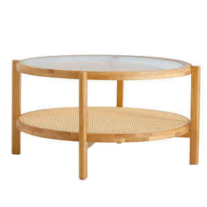 English Elm Modern solid wood circular double-layer tea table with rattan shelf, glass top, Japanese-Chinese style decor W1151104955