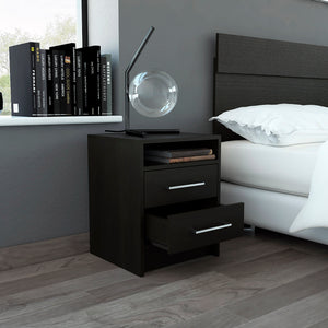 English Elm 2-Drawer Wenge Nightstand with Shelf and Metal Pulls, Contemporary Bedside Storage, Durable Design B06280357