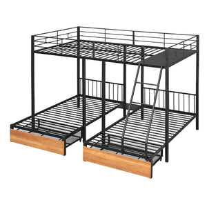 English Elm Full Over Twin Triple Bunk Bed Steel Frame with Storage Drawers and Guardrails Black LT000222AAB