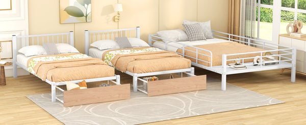 English Elm Full Over Twin Triple Bunk Bed Steel Frame with Storage Drawers and Guardrails White LT000222AAK