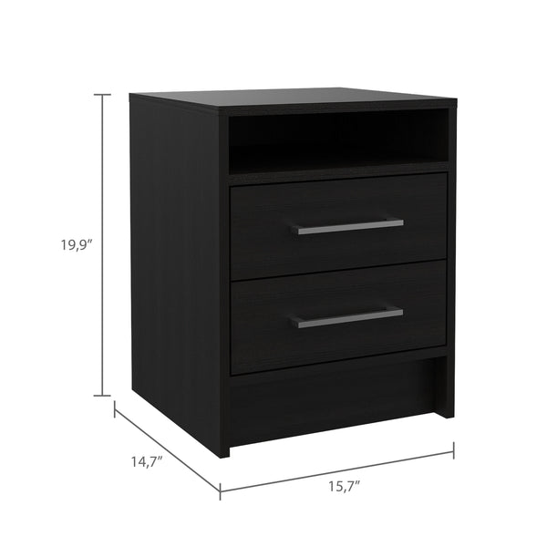 English Elm 2-Drawer Wenge Nightstand with Shelf and Metal Pulls, Contemporary Bedside Storage, Durable Design B06280357