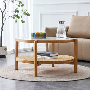 English Elm Modern solid wood circular double-layer tea table with rattan shelf, glass top, Japanese-Chinese style decor W1151104955