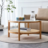 English Elm Modern Simple Circular Double-Layer Solid Wood Tea Table Rattan Woven Chinese Side Table Small Round Table Suitable For Living Room, Dining Room and Bedroom