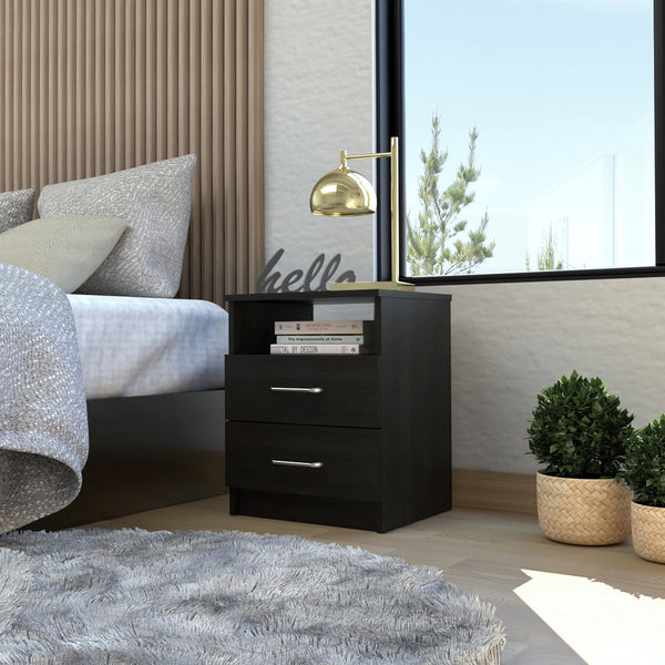 English Elm 2-Drawer Wenge Nightstand with Shelf, Durable Metal Rails & Pulls, Compact Modern Bedroom Storage Nightstand 19.9"H B06280324