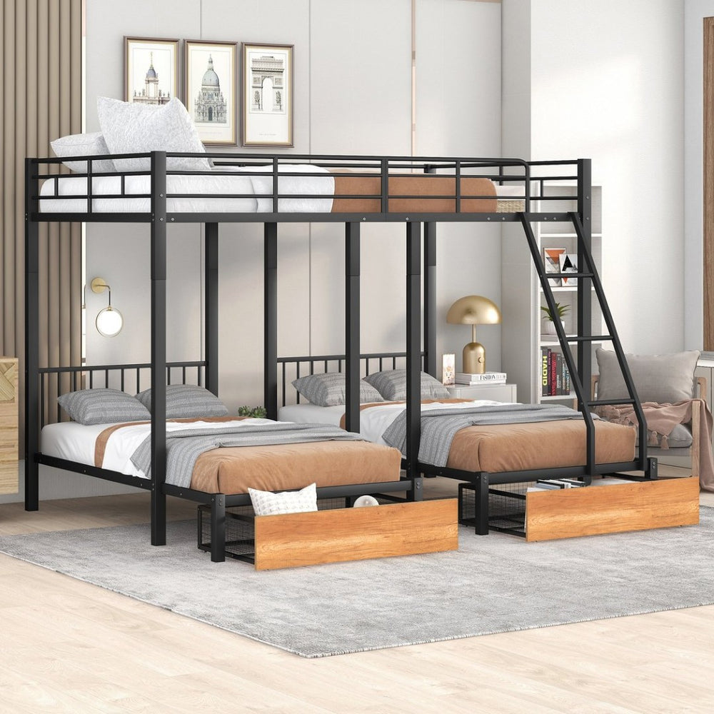 English Elm Full Over Twin Triple Bunk Bed Steel Frame with Storage Drawers and Guardrails Black LT000222AAB