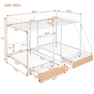 English Elm Full Over Twin Triple Bunk Bed Steel Frame with Storage Drawers and Guardrails White LT000222AAK