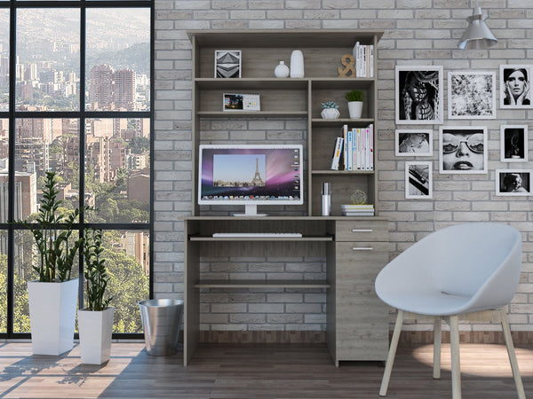 English Elm Light Gray Spacious 2-Drawer 7-Shelf Computer Desk with Hutch, 70.8" High, Ample Storage & Display B062S00133