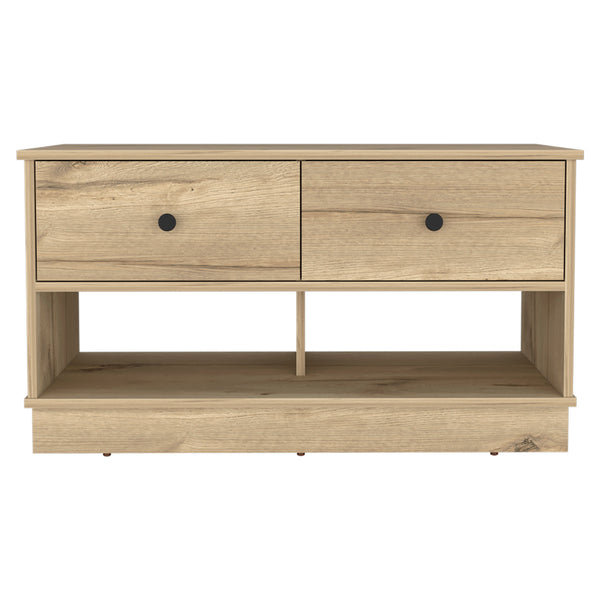 English Elm Light Oak Storage Bench with 2 Drawers & 2 Shelves — Compact Entryway Seat, Bright Natural Finish, Organized Living B06280461