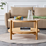 English Elm Modern Simple Circular Double-Layer Solid Wood Tea Table Rattan Woven Chinese Side Table Small Round Table Suitable For Living Room, Dining Room and Bedroom