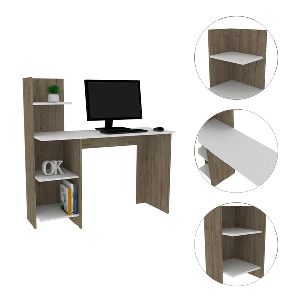 English Elm White White and Pine 4-Shelf Writing Desk with Adjustable Shelves, Modern Rectangular Workstation for Monitors and Laptops (47.2"H x 47.2"W x 17.7"D) B06280450