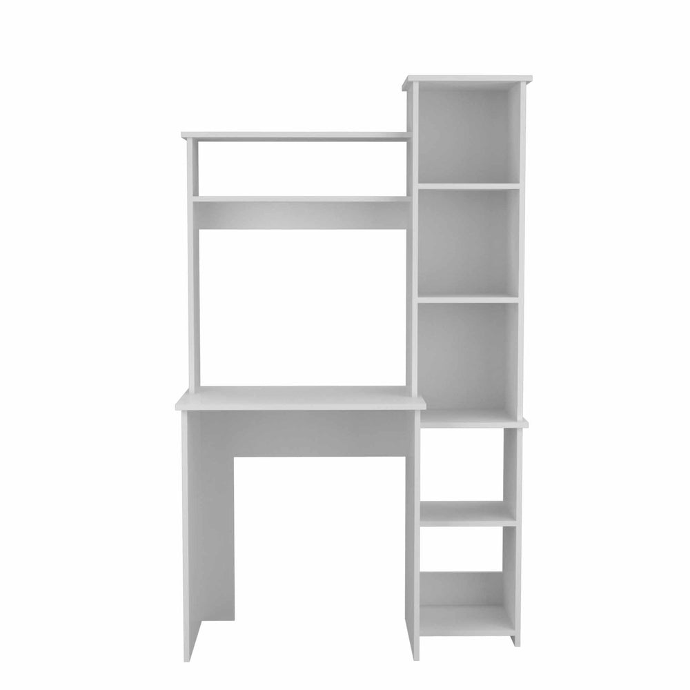 English Elm White 6-Shelf Writing Desk with Built-In Bookcase — Spacious White Home Office Organizer, Durable MDF Storage and Display Surface, Multi-Shelf Study Center with Monitor Space and Stylish Clean Finish B06280293