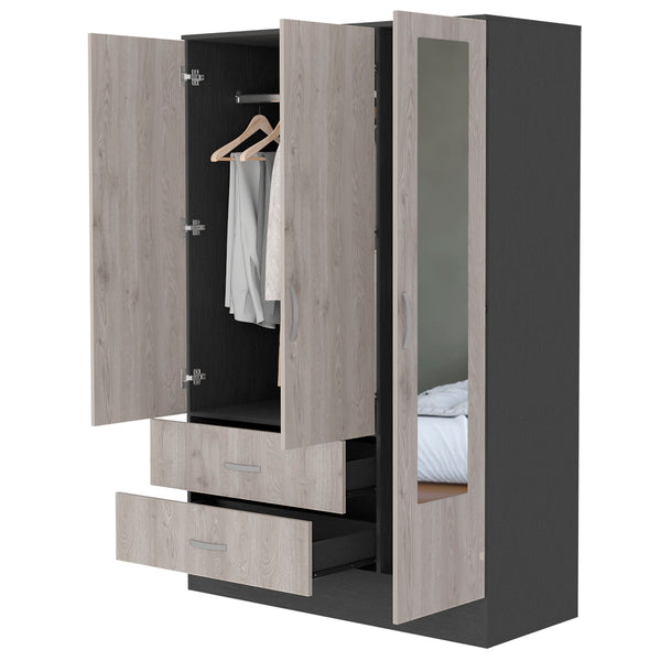 English Elm Wenge Full-Length Mirrored Armoire with 2 Drawers, Hanging Bar & Side Cabinet in Wenge/Gray B062S00138