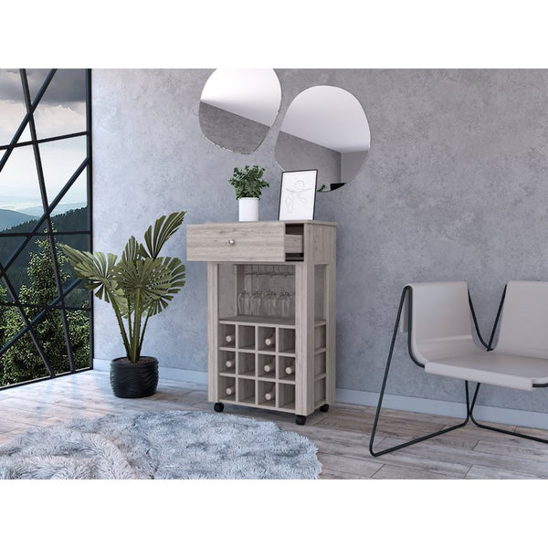 English Elm Ambler 12-Bottle Wine Cabinet with Drawer & Glass Storage, Light Grey Finish, Mobile & Contemporary Elegance B06279975