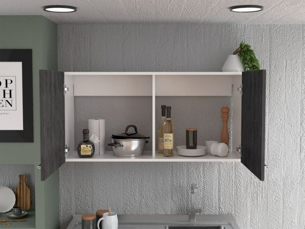 English Elm Brookeline Wall-Mounted Rectangle 2-Door Cabinet in White & Smokey Oak — Sleek Modern Storage Solution B06280328