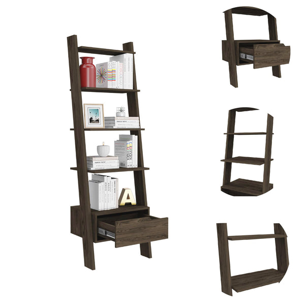 English Elm New Haven 1-Drawer 4-Shelf Ladder Bookcase Dark Walnut — 70" Tall Space-Saving Organizer with Drawer, Modern Finish B06280177
