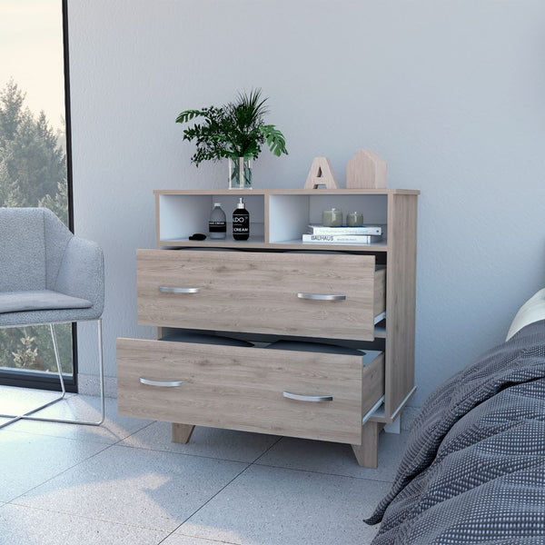 English Elm Aaron Compact 2-Drawer 2-Shelf Dresser with Slim Profile and Sturdy Legs for Small Bedroom Storage and Style Light Gray B062S00104