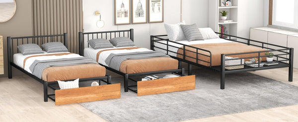 English Elm Full Over Twin Triple Bunk Bed Steel Frame with Storage Drawers and Guardrails Black LT000222AAB