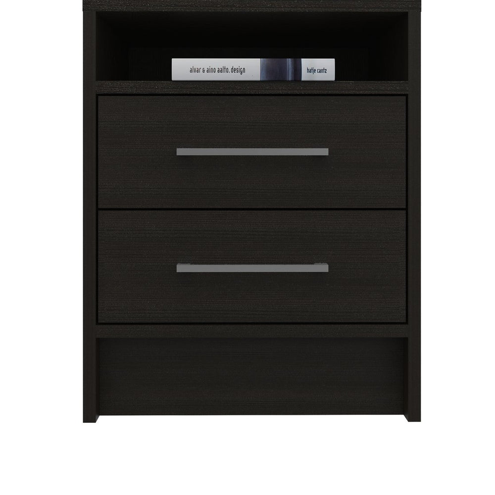 English Elm 2-Drawer Wenge Nightstand with Shelf and Metal Pulls, Contemporary Bedside Storage, Durable Design B06280357