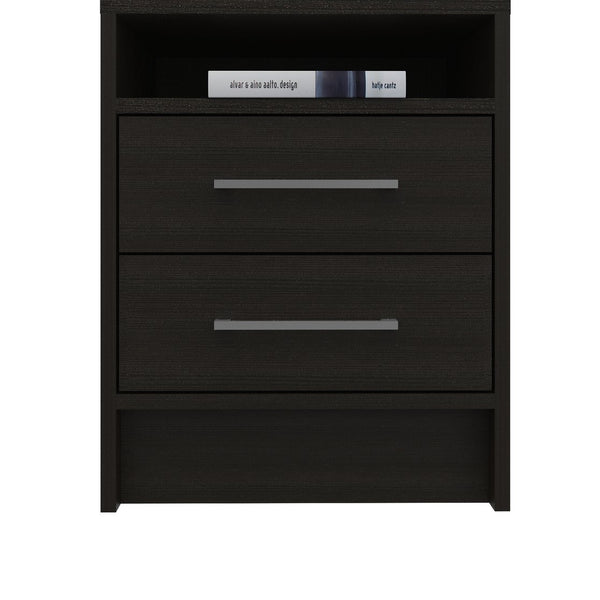 English Elm 2-Drawer Wenge Nightstand with Shelf and Metal Pulls, Contemporary Bedside Storage, Durable Design B06280357
