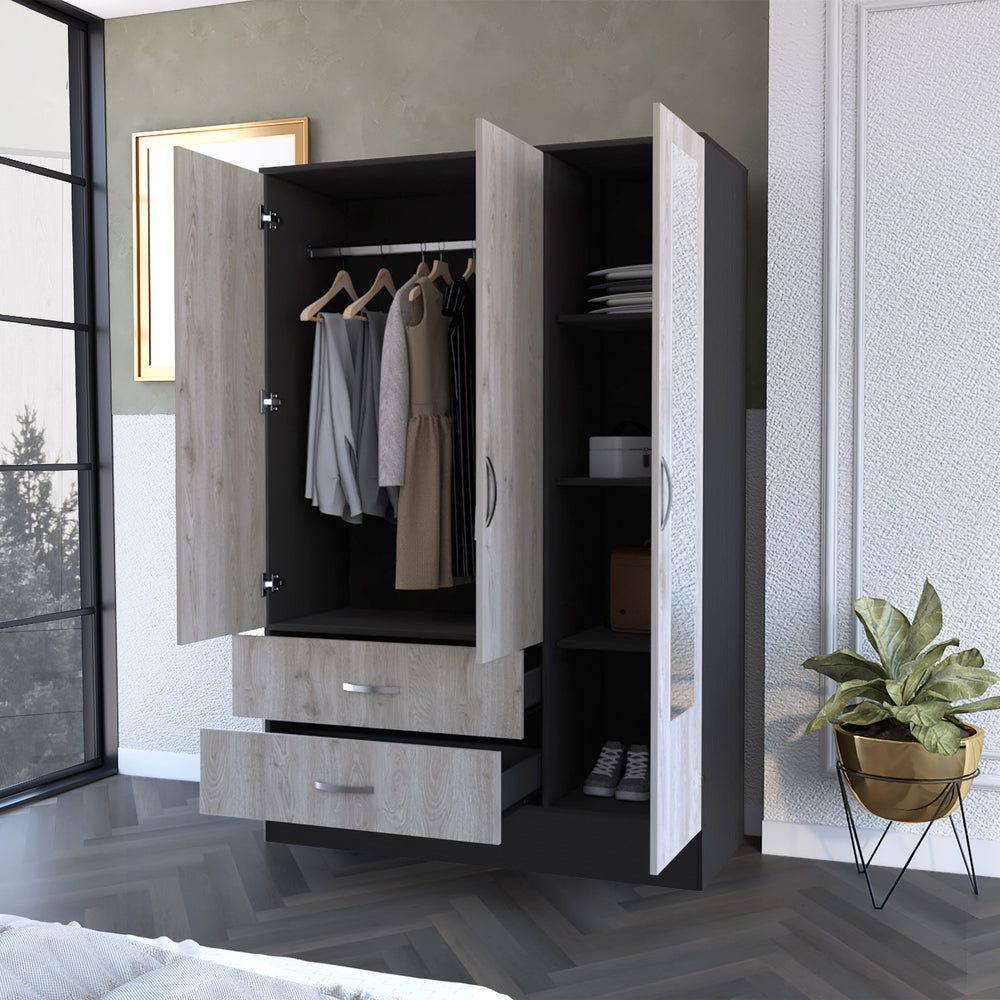 English Elm Wenge Full-Length Mirrored Armoire with 2 Drawers, Hanging Bar & Side Cabinet in Wenge/Gray B062S00138
