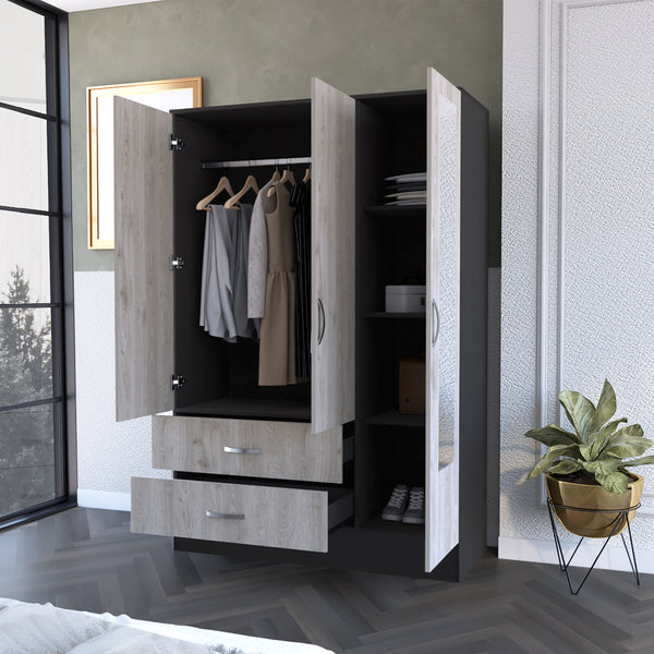 English Elm Wenge Full-Length Mirrored Armoire with 2 Drawers, Hanging Bar & Side Cabinet in Wenge/Gray B062S00138