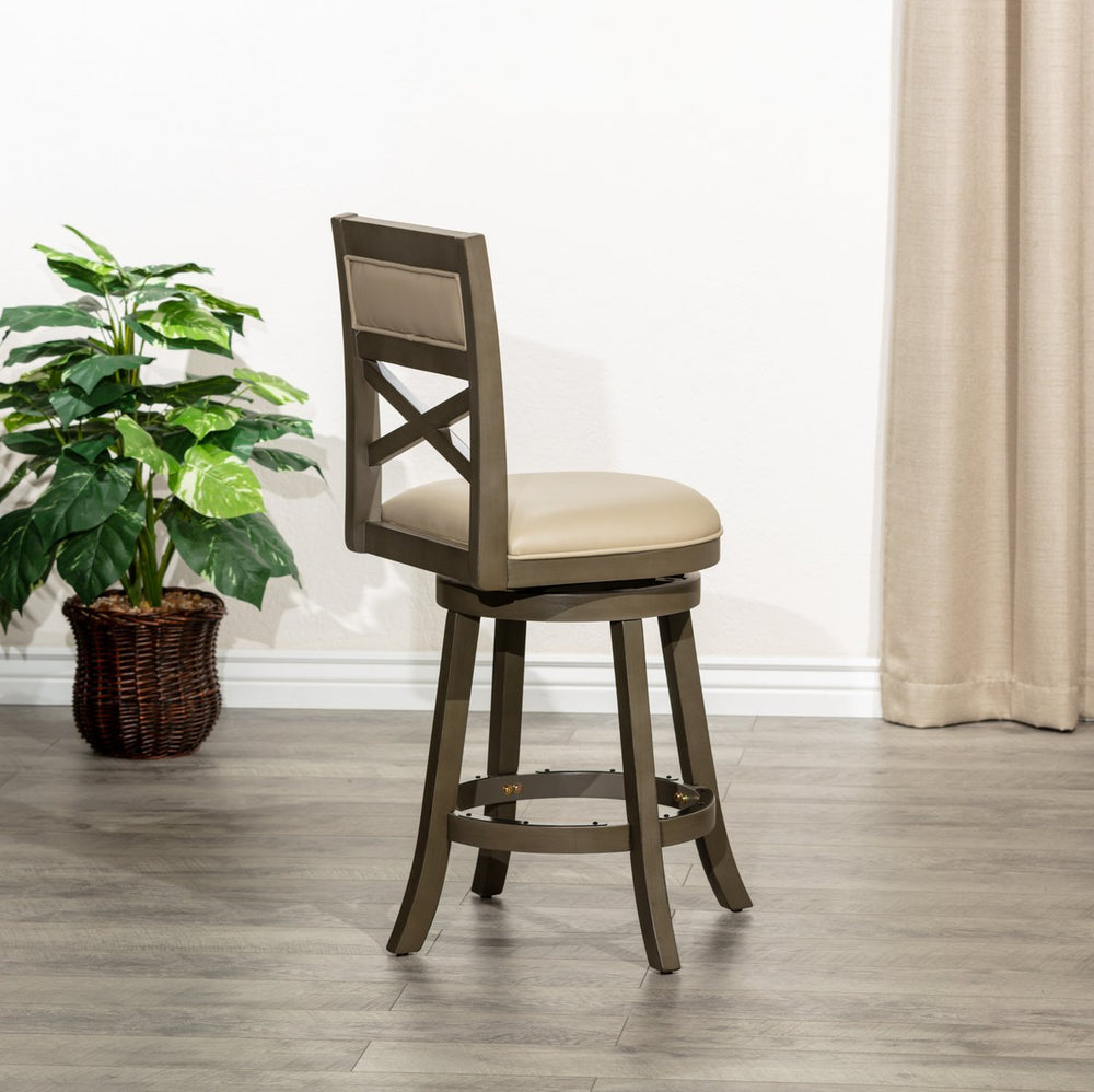 English Elm 24" Counter Height Swivel Stool - Farmhouse Style In Weathered Gray With French Gray Leather Seat B04660726