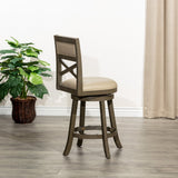 English Elm 24" Counter Height X-Back Swivel Stool, Weathered Gray Finish, French Gray Leather Seat