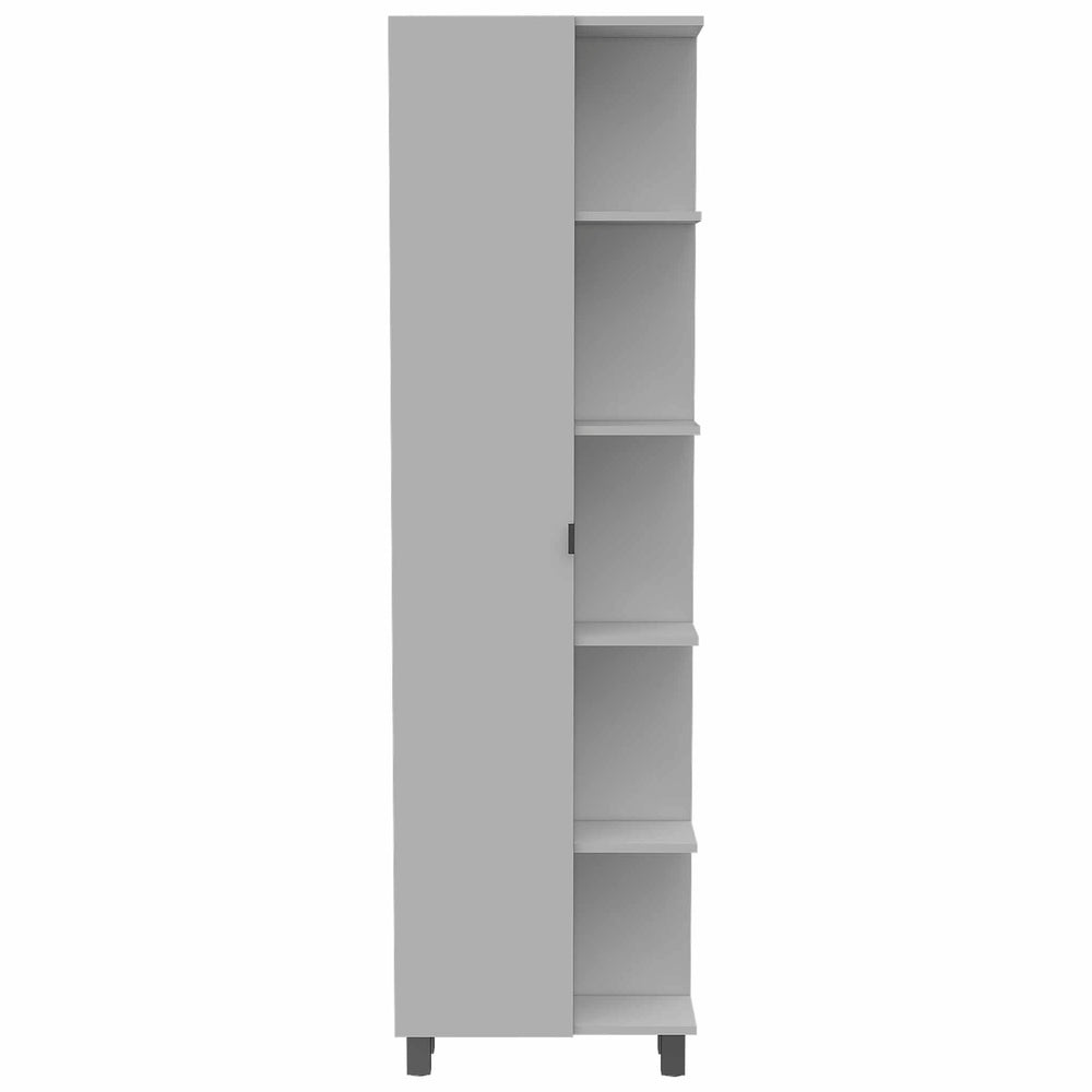 English Elm White Linen Cabinet 5-Shelf Tall Compact Storage Tower with Hidden Door & Open Display Shelves - Modern Bathroom Organizer B06280253