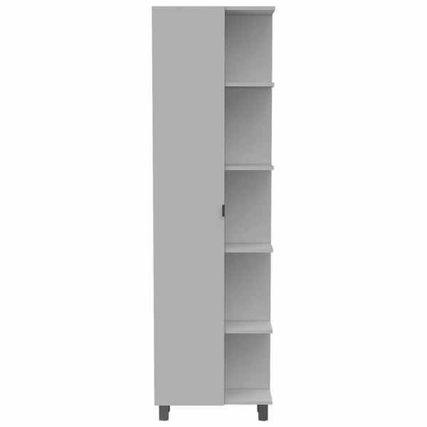 English Elm White Linen Cabinet 5-Shelf Tall Compact Storage Tower with Hidden Door & Open Display Shelves - Modern Bathroom Organizer B06280253