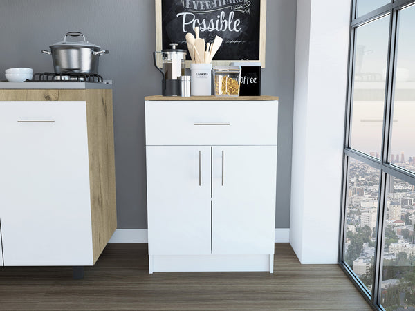 English Elm Wilmington Space-Saving 1-Drawer Pantry Cabinet in White & Light Oak – Countertop, 2 Shelves, Compact Storage B06280340