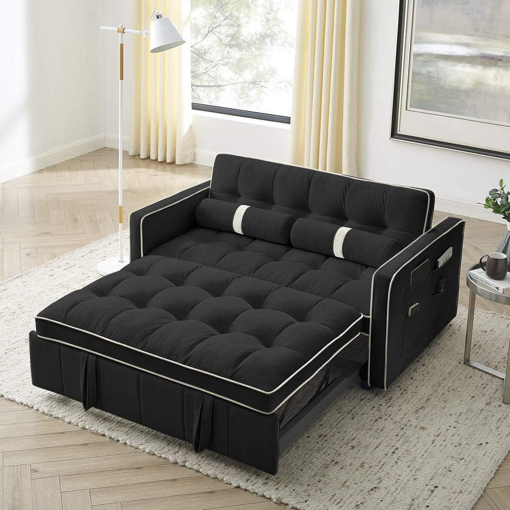 English Elm Modern Velvet Pull-Out Sofa Bed 2-Seater with Adjustable 3-Position Backrest, Lumbar Pillows & Pockets Black W119368698