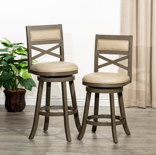 English Elm 24" Counter Height Swivel Stool - Farmhouse Style In Weathered Gray With French Gray Leather Seat B04660726