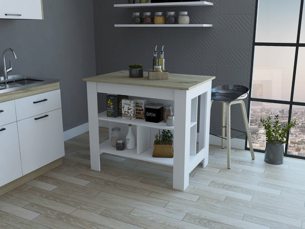 English Elm Rockaway Versatile 3-Shelf Kitchen Island With Antimicrobial Top In White & Light Oak Finish B06280060-GIGA