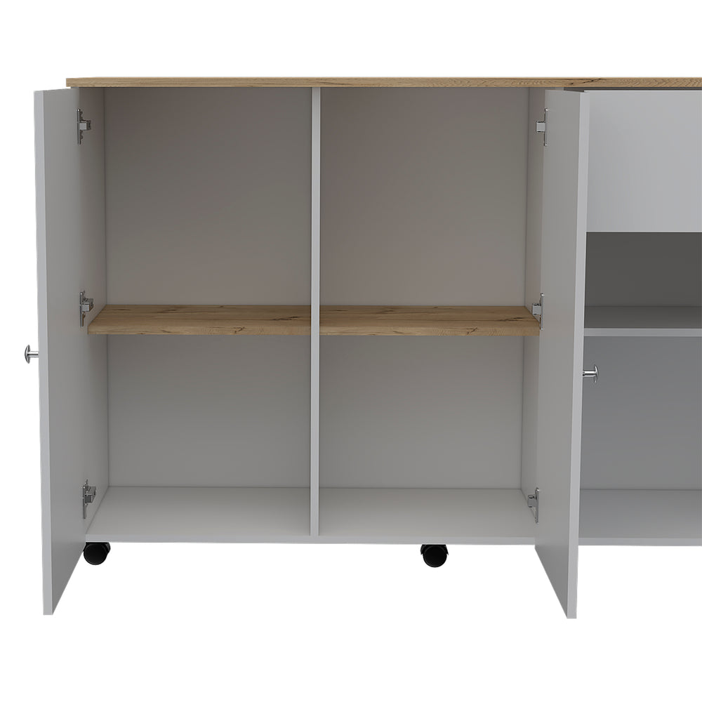 English Elm Sayville White and Pine Kitchen Island with Rolling Lock Casters, 2 Drawers, 6 Shelves, Towel Bars B062S00030