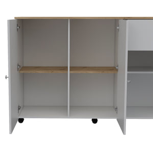English Elm Sayville White and Pine Kitchen Island with Rolling Lock Casters, 2 Drawers, 6 Shelves, Towel Bars B062S00030