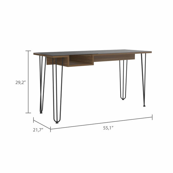 English Elm Mahogany 1-Drawer Desk With Glass Top & Hairpin Legs – Modern Mid-Century Style For Home Office B062S00070
