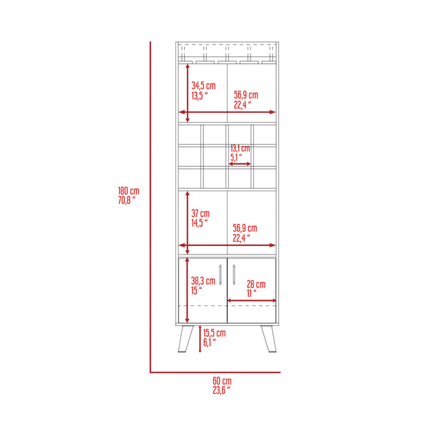English Elm Dark Walnut Elegant Wine Bar Cabinet with 12 Cubbies, 1 Drawer, 2 Shelves & Dual Doors, 4-Leg Stand B062S00042