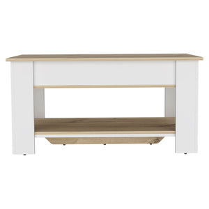 English Elm Karmen Lift-Top Storage Table with Hidden Compartments and Shoe Rack, Light Oak Accent for Entryway White B06280111