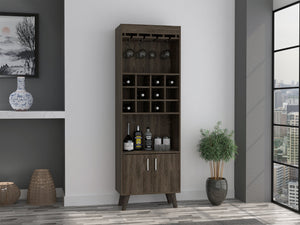 English Elm Dark Walnut Elegant Wine Bar Cabinet with 12 Cubbies, 1 Drawer, 2 Shelves & Dual Doors, 4-Leg Stand B062S00042