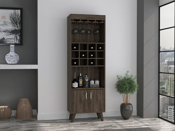 English Elm Dark Walnut Elegant Wine Bar Cabinet with 12 Cubbies, 1 Drawer, 2 Shelves & Dual Doors, 4-Leg Stand B062S00042