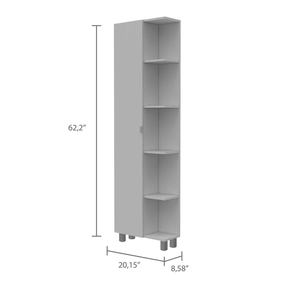 English Elm White Linen Cabinet 5-Shelf Tall Compact Storage Tower with Hidden Door & Open Display Shelves - Modern Bathroom Organizer B06280253