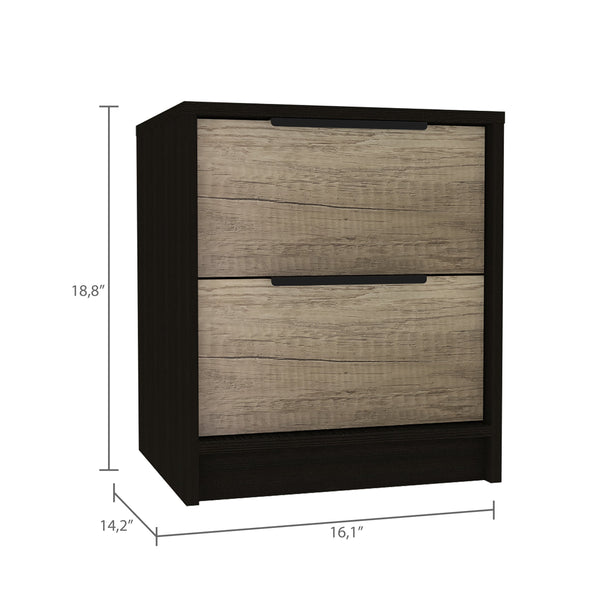 English Elm Wenge Two-Drawer Nightstand with Pine Accents, Modern Finish, Smooth Metal Hardware, Compact Storage B06280501