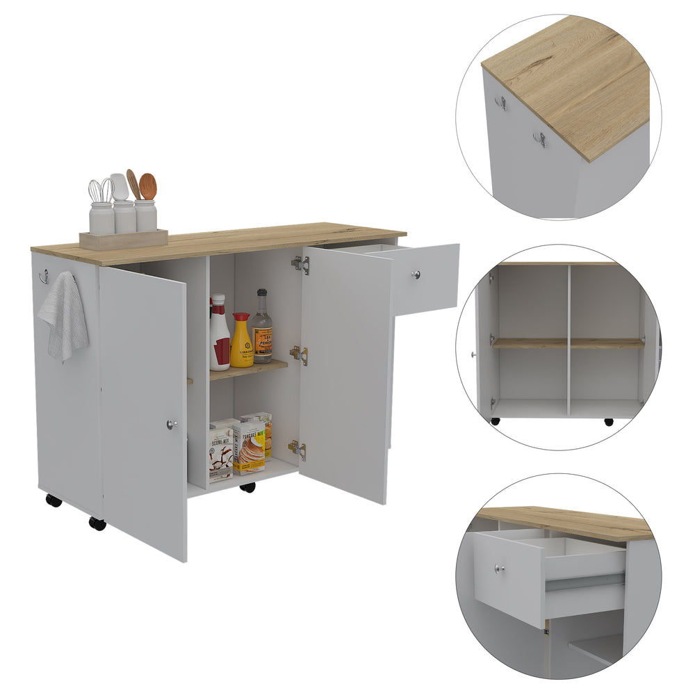 English Elm Sayville White and Pine Kitchen Island with Rolling Lock Casters, 2 Drawers, 6 Shelves, Towel Bars B062S00030