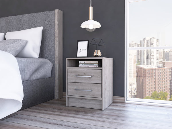 English Elm Rowley modern two-drawer nightstand with shelf, durable metal pulls and rails for stylish bedside storage Light Gray B06280356